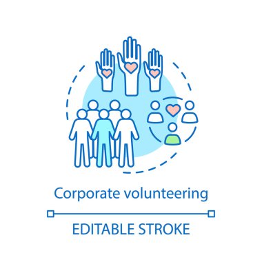 Kurumsal gönüllülük kavramı simge. Desteklenen işveren sadaka. Yardım Vakfı. Program fikir ince hat illüstrasyon gönüllü çalışan. İzole anahat çizim vektör. Düzenlenebilir kontur