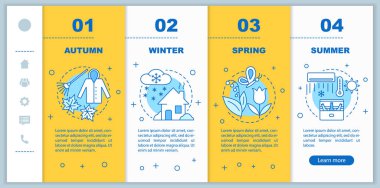 Dört mevsim onboarding mobil web sayfaları şablon vektör. Duyarlı smartphone Web arabirimi fikir doğrusal resimler. Yaz, sonbahar Web sayfası walkthrough adım ekranlar. Renk kavramı