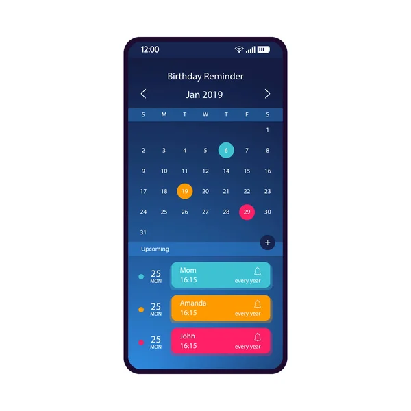 Verjaardag Herinnering Smartphone Interface Vector Sjabloon Mobiele App Blauwe Kleurovergang — Stockvector