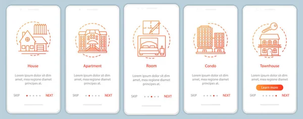 Недвижимость Экране Страницы Мобильного Приложения Понятиями Дом Квартира Комната Кондо — стоковый вектор