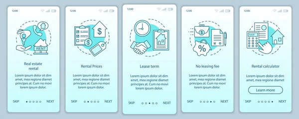 Alquiler Bienes Raíces Onboarding Pantalla Página Aplicación Móvil Con Conceptos — Vector de stock