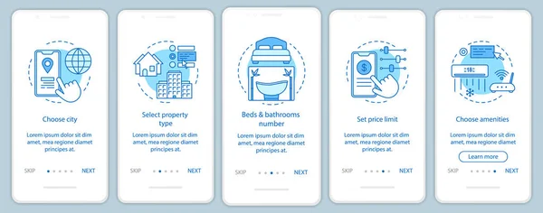 Immobilien Vermietung Onboarding Mobile App Seite Bildschirm Mit Linearen Konzepten — Stockvektor