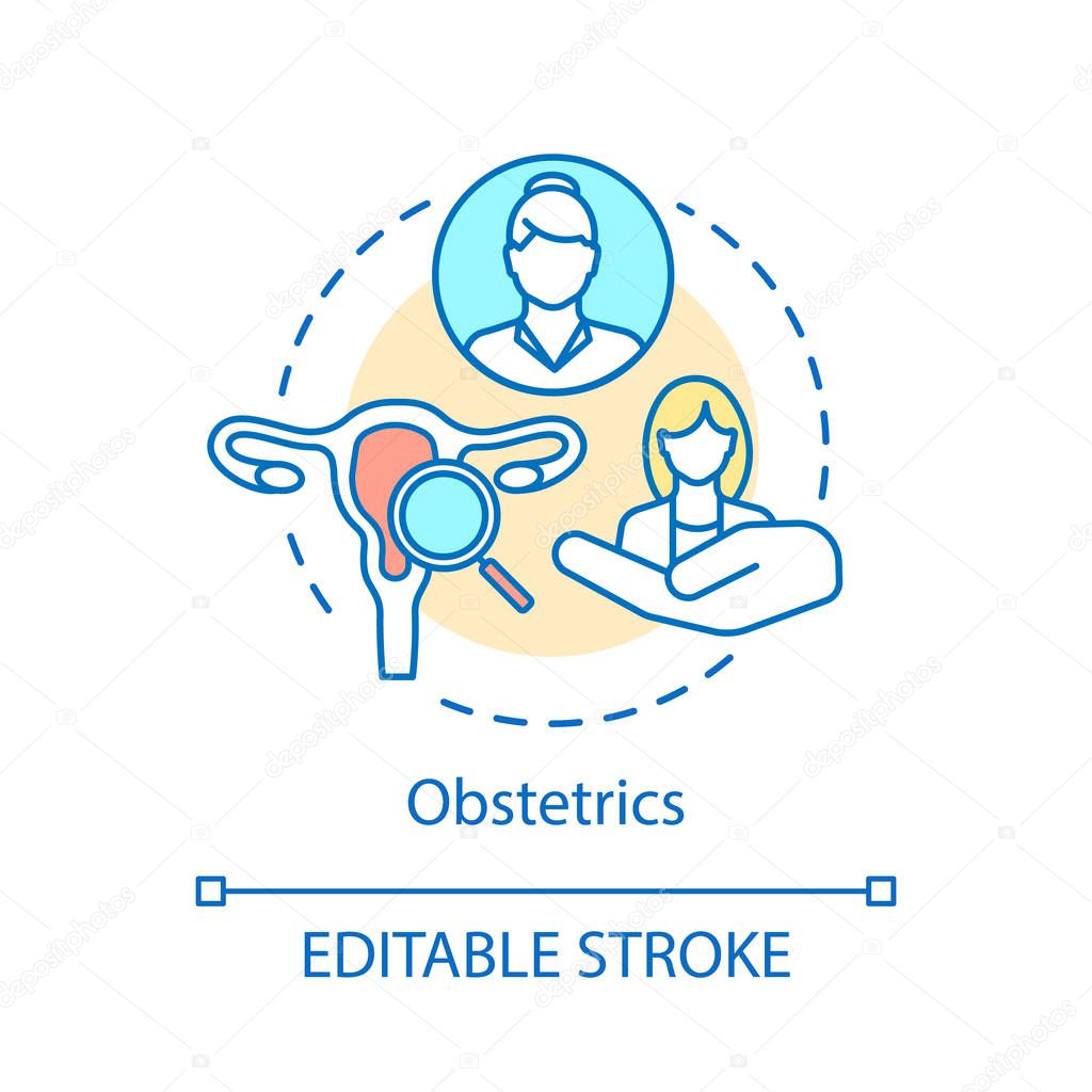Obstetrics concept icon. Pregnancy, childbirth, postpartum period medicine idea thin line illustration. Gynecology vector isolated outline drawing. Obstetrical, gynecological care. Editable stroke