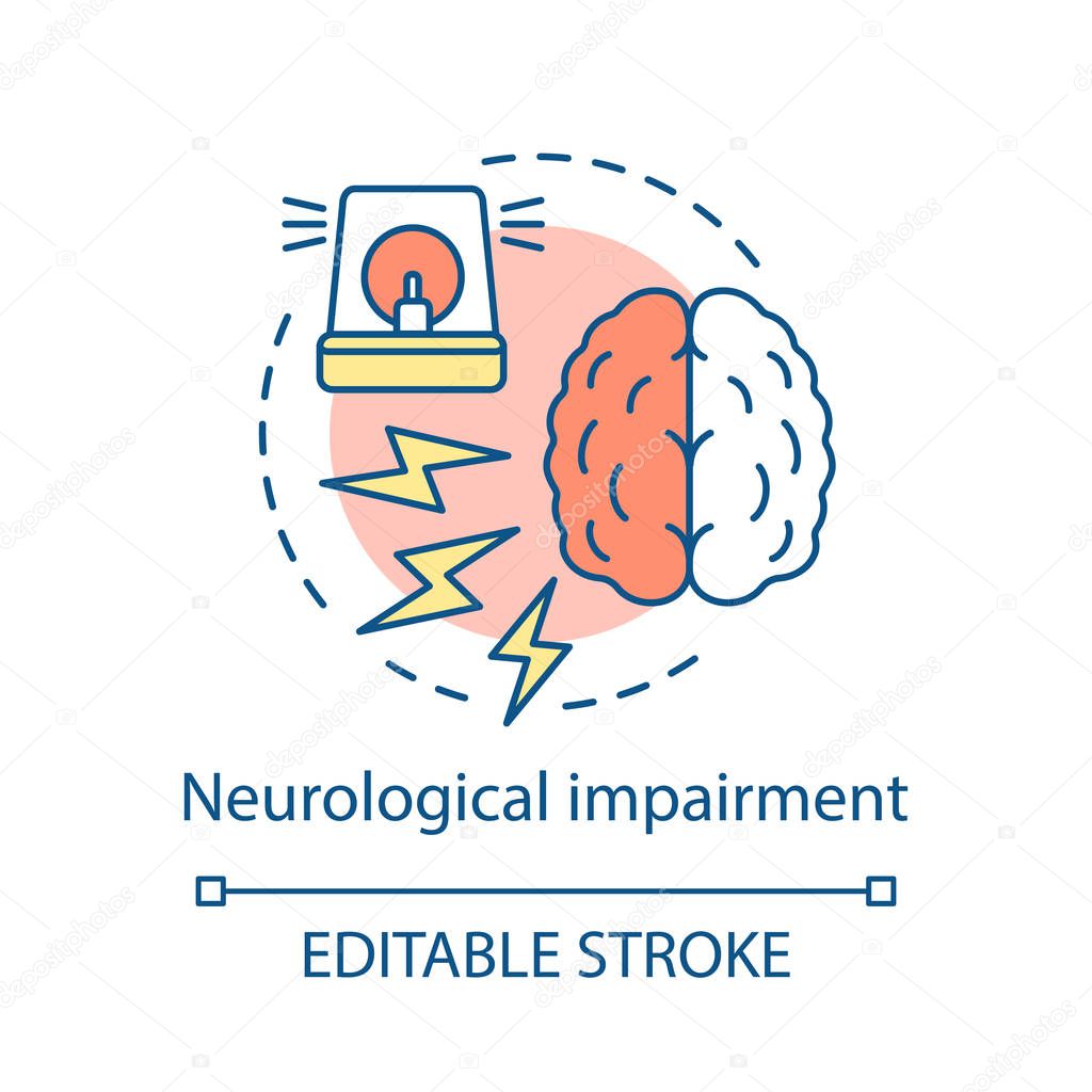 Neurological impairment concept icon. Nervous system disorder idea thin line illustration. Brain dysfunction vector isolated outline drawing. Neurology. Mental disability, injury. Editable stroke