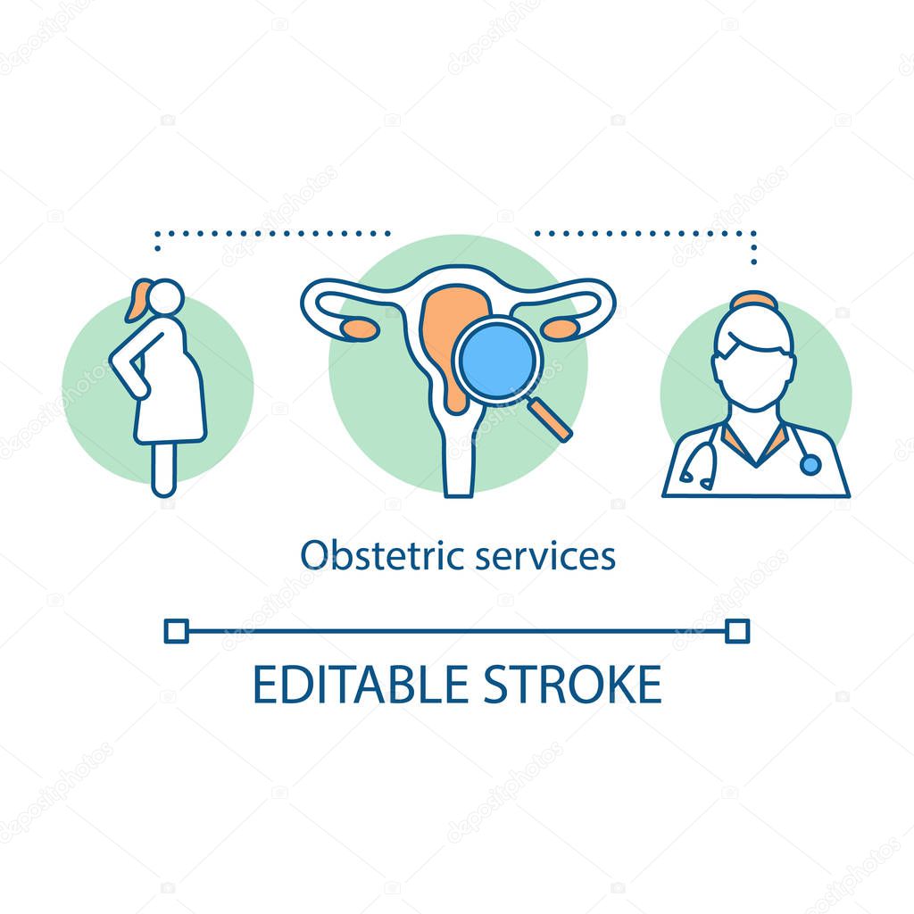 Obstetric services concept icon. Medical help idea thin line illustration. Ob gyn. Maternity center. Prenatal care. Gynecological examination, childbirth. Vector isolated drawing. Editable stroke