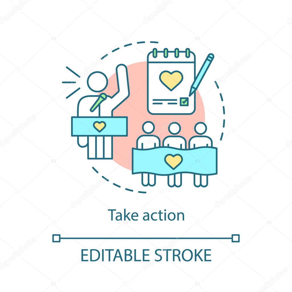 Take action concept icon. Social movements and activist protest volunteering. Volunteer opportunities idea thin line illustration. Vector isolated outline drawing. Editable stroke