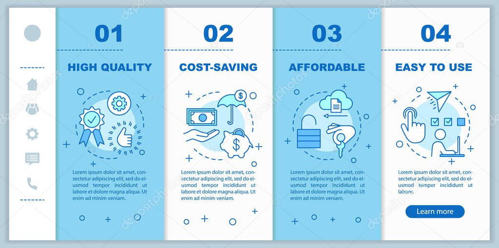 Smart house, domotics advantages onboarding mobile web pages vector template. Responsive smartphone website interface idea with linear illustrations. Webpage walkthrough step screens. Color concept 