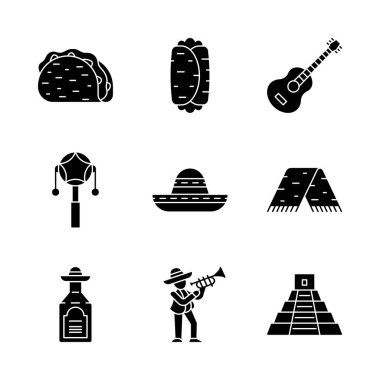 Meksika glif simgeler kümesi. Cinco de Mayo Festivali. Geleneksel Gıda, içki, müzik, giyim, konumlar. Siluet simgeler. İzole vektör çizim