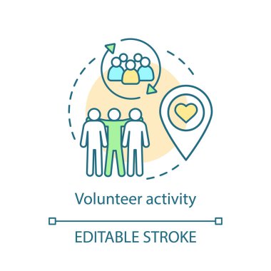 Gönüllü etkinlik kavramı simge. Harekete geçin. Yardım Vakfı çalışanları. Sadaka kuruluş fikir ince hat illüstrasyon. İzole anahat çizim vektör. Düzenlenebilir kontur
