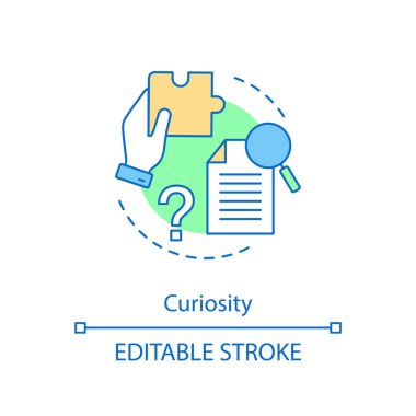 Merak kavramı simge. Problem çözme. Soruşturma. Bilgi kazanıyor. Kafa karışıklığı. Düşünme. Fikir ince hat illüstrasyon arama çözüm. İzole anahat çizim vektör. Düzenlenebilir kontur