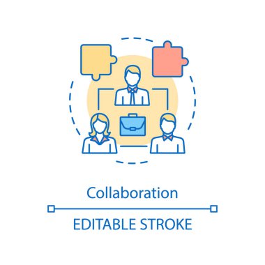 İşbirliği kavramı simge. İşbirliği, ortaklık. Coworking. İş arkadaşları, ortakları. Ekip çalışması fikir ince hat illüstrasyon. İzole anahat çizim vektör. Düzenlenebilir kontur