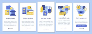 Bankacılık hizmetleri mobil uygulaması sayfası ekranda vektör şablonu