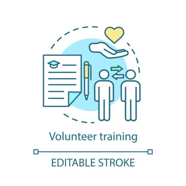 Gönüllü eğitim kavramı simge. Becerileri gönüllü dayalı. Kar amacı gütmeyen kuruluş. Yardım Vakfı fikir ince hat illüstrasyon. İzole anahat çizim vektör. Düzenlenebilir kontur