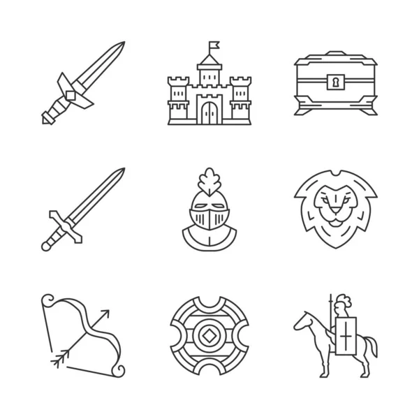 Juego de iconos lineales medievales — Vector de stock