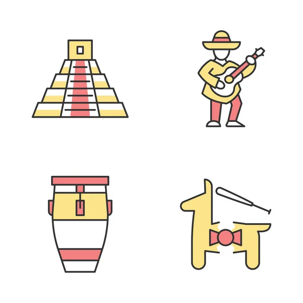 Набір Іконок Колір Мексиканської Культури Латиноамериканська Атракції Розваги Фестиваль Сінко — стоковий вектор