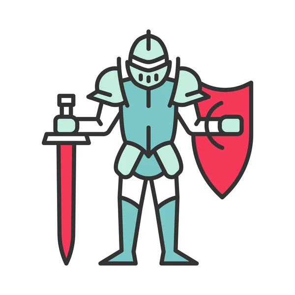 Caballero medieval con escudo y espada icono de color — Vector de stock