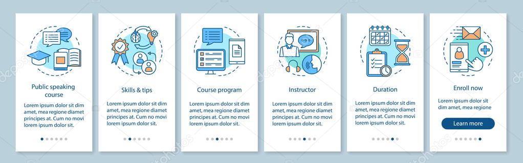 Public speaking skill course onboarding mobile app page screen with linear concepts