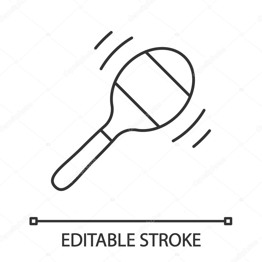 Maraca linear icon. Percussion musical instrument. Rumba shaker. Baby rattle. Thin line illustration. Contour symbol. Vector isolated outline drawing. Editable stroke
