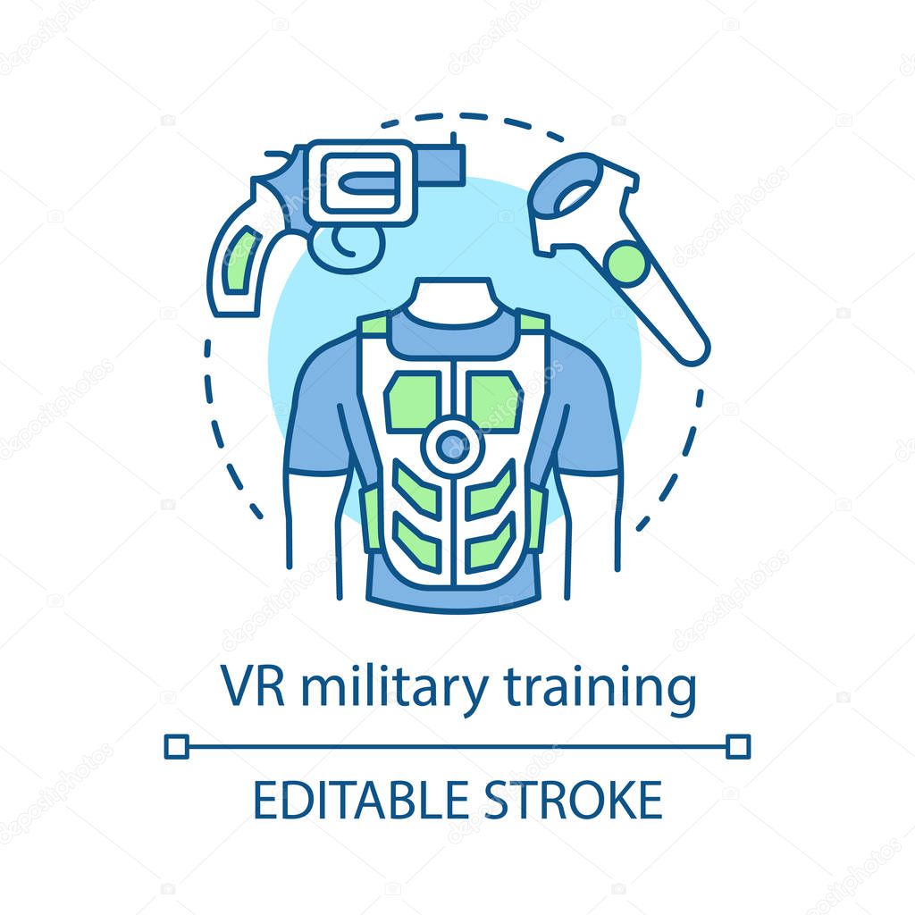 VR military training concept icon. Battlefield simulation. Virtual reality equipment. VR soldier practice. Flight simulator idea thin line icons. Vector isolated outline drawing. Editable stroke