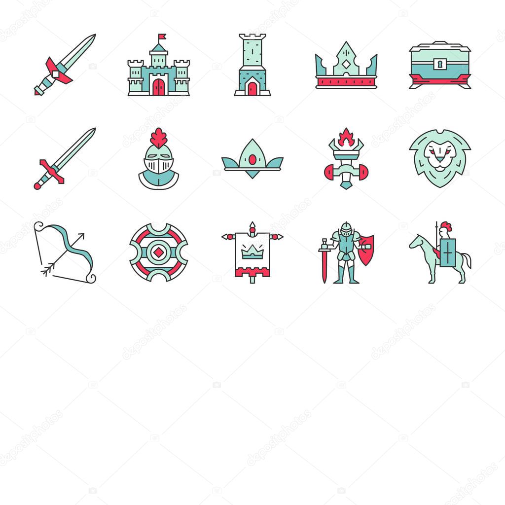 Medieval color icons set. Knights and weapon. Royal regals. Kingdom. Isolated vector illustrations