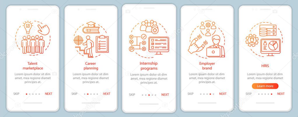 Talent management onboarding mobile app page screen with linear concepts