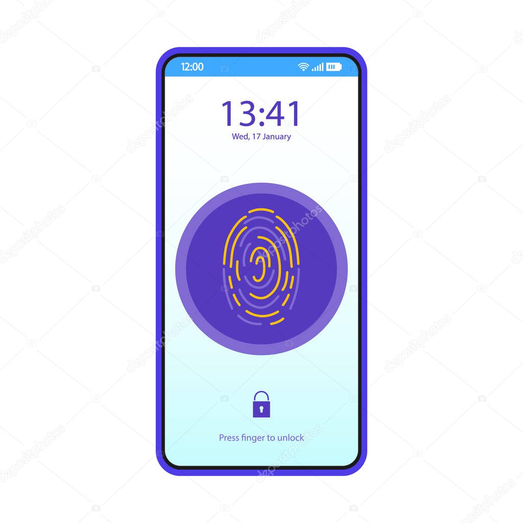 Fingerprint recognition lock app smartphone interface vector template