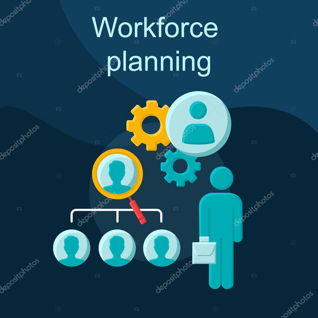 Workforce planning flat concept vector icon. Recruiting process idea cartoon color illustrations set. Talent acquisition. Employment management. Business strategy. Isolated graphic design element
