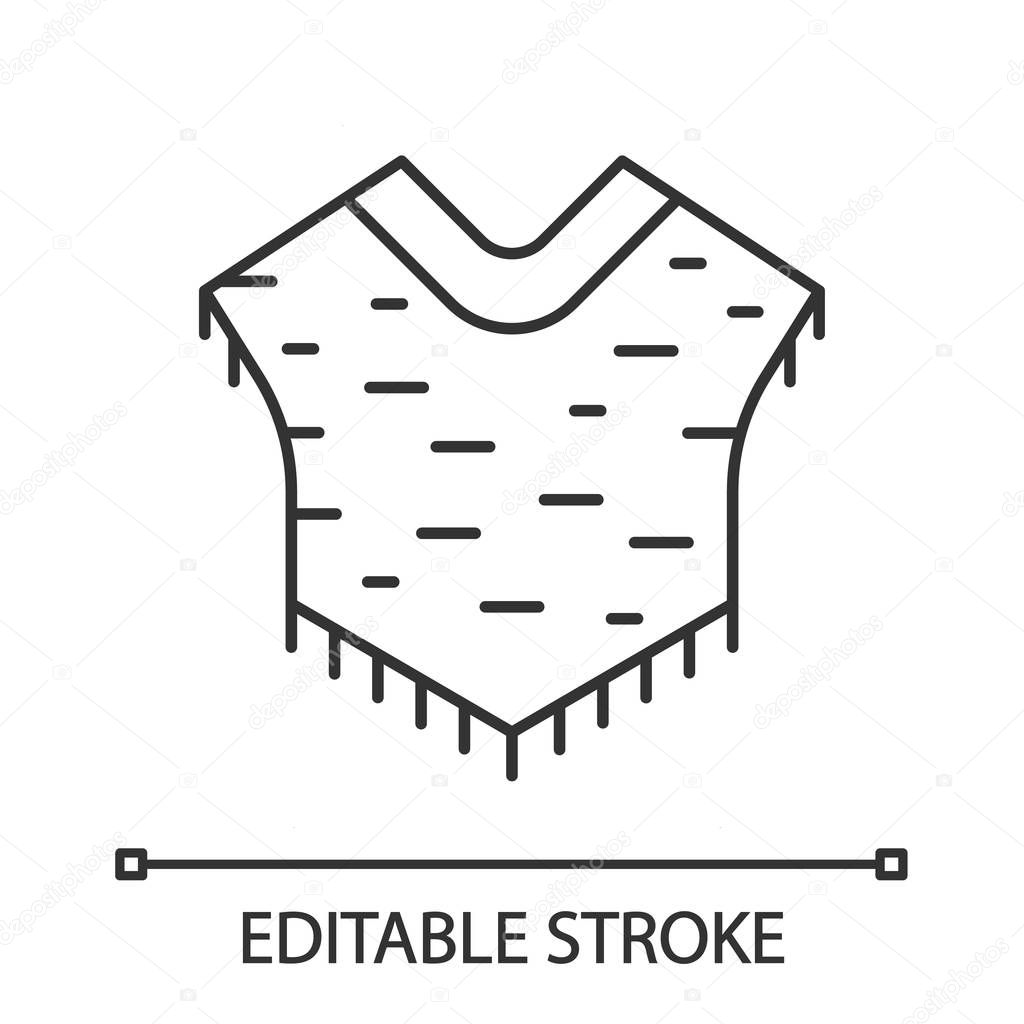 Poncho linear icon. South American traditional clothes. Fringed woolen cape. Thin line illustration. Contour symbol. Vector isolated outline drawing. Editable stroke