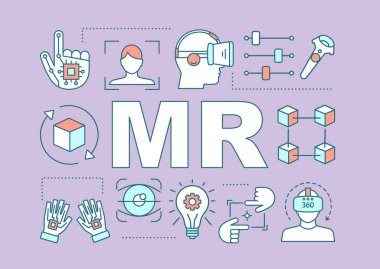 Karışık reality kelime kavramları afiş. Artar, gerçeklik olanakları genişletilmiş. Bay cihazlar. Tanıtım, Web sitesi. Tipografi fikir doğrusal simgeleri ile harfler izole. Vektör anahat çizim