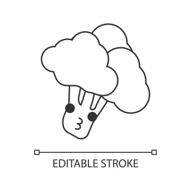 Brokoli şirin kawaii doğrusal karakter. Sebze öpüşme kutlu olsun. Sağlıklı vejetaryen yemek. İnce çizgi simgesi. İzole anahat illüstrasyon vektör. Düzenlenebilir kontur