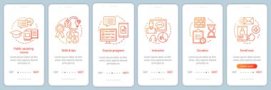 Kamu konuşma beceri sınıfları onboarding mobil uygulaması sayfa filtresi vektör şablonu. Profesyonel hoparlörler okul. İzlenecek yol Web sitesi adımları ile doğrusal kutsal kişilerin resmi. UX, UI, GUI smartphone arabirimi kavramı