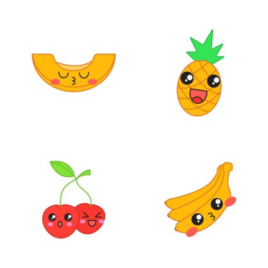 Meyve tatlı kawaii vektör karakter. Çilek surat gülümseyen. Kavun ve muz öpüşme. Mutlu ananas ve kiraz. Komik emoji, ifade, gülümseme. Renk illüstrasyon izole karikatür