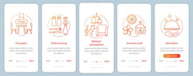 Yemek servisi onboarding mobil uygulaması sayfa ekran doğrusal kavramları ile. Yemek ve rahatla. Restoran rezervasyon walkthrough adım grafik yönergeleri. UX, UI, GUI vektör şablon resimler