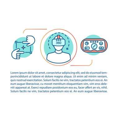 Sanal gerçeklik kavramı doğrusal illüstrasyon. VR olanakları. 360 derece video, oyun konsolu, kulaklık. VR ekipman. Makale, broşür, dergi sayfası. Baskı tasarımı. Çizim vektör izole anahat