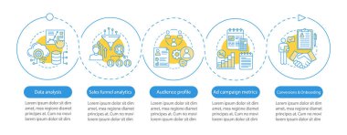 SMM kursları vektör Infographic şablonu. Web analytics. Pazarlama. İş Tanıtım tasarım öğeleri. Adımlar ve seçenekleri veri görselleştirme. İşlem zaman çizgisi görüntüsü. İş akışı düzeni ile kutsal kişilerin resmi