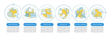 Terapi vektör Infographic şablonu. Bakım Servisi. İş Tanıtım tasarım öğeleri. Veri görselleştirme altı adımlar ve seçenekleri. İşlem zaman çizgisi görüntüsü. İş akışı düzeni ile doğrusal kutsal kişilerin resmi