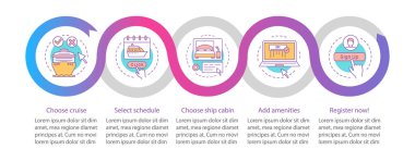 Online rezervasyon vektör Infographic şablon cruise. Zamanlamasını seçin, aktivite ekleyin. İş Tanıtım tasarım öğesi. Adımlarla, veri görselleştirme seçenekleri. İşlem zaman çizgisi görüntüsü. İş akışı düzeni