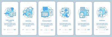 Kamu konuşma beceri sınıfları onboarding mobil uygulaması sayfa filtresi vektör şablonu. Profesyonel hoparlörler okul. İzlenecek yol Web sitesi adımları ile doğrusal kutsal kişilerin resmi. UX, UI, GUI smartphone arabirimi kavramı