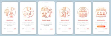 Kamu konuşma becerileri onboarding mobil uygulaması sayfa filtresi vektör şablonu. Ses kontrolü, beden dili, hedef kitle iletişim. İzlenecek yol Web sitesi adımlar. UX, UI, GUI smartphone arabirimi kavramı