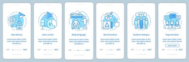 Kamu konuşma becerileri onboarding mobil uygulaması sayfa filtresi vektör şablonu. Ses kontrolü, beden dili, hedef kitle iletişim. İzlenecek yol Web sitesi adımlar. UX, UI, GUI smartphone arabirimi kavramı