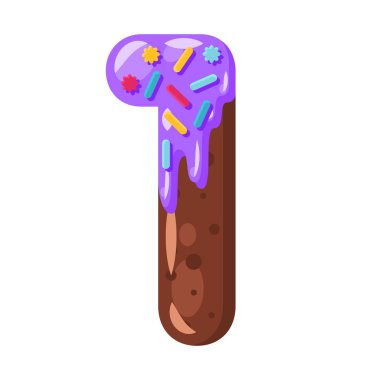 Çörek bir numara vektör çizim karikatür. Bisküvi yazı tipi stili. Buzlanma ile sırlı kalın sembolü. Düz tasarım tipografi cazip. Tanımlama bilgileri, gofret, çikolata matematik işareti. Pasta, ekmek izole clipart