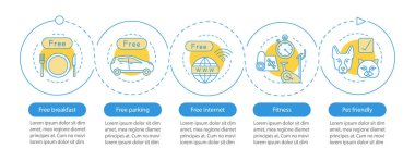 Hotel Kolaylıklar Infographic şablon vektör. Oda Özellikleri ve Hizmetleri. İş Tanıtım tasarım öğeleri. Adımlar ve seçenekleri veri görselleştirme. İşlem zaman çizgisi görüntüsü. İş akışı düzeni