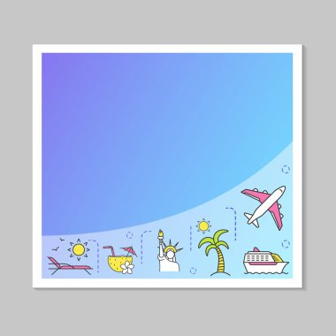 Yaz tatil sosyal medya afiş, poster, mesajını kapak mockup, alttan yukarıya ittirmek. Yolculuk. Çerçeve vektör şablonu. Seyahat. Metin, fotoğraf için arka plan. İle boşaltmak izole renkli kenarlık