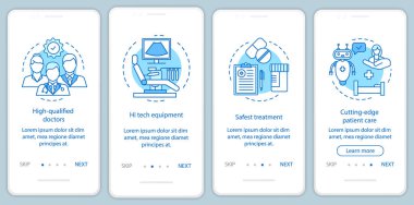 Tıbbi servisi faydaları onboarding mobil uygulaması sayfa filtresi vektör şablonu. Yüksek kaliteli sağlık hizmeti. Doğrusal Resimli Anlatım Web sitesi adımlar. UX, UI, GUI smartphone arabirimi kavramı