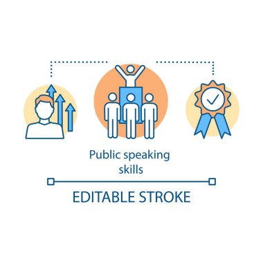 Kamu konuşma becerileri kavramı simge. Protesto lideri, politikacı. Hatip, hoparlör, sunum. Liderlik. İletişim becerileri fikir ince hat illüstrasyon. İzole anahat çizim vektör. Düzenlenebilir kontur