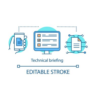 Teknik brifing kavramı simge. Online sınav, sınav. Dijital veri depolama. Dosya yönetimi fikir ince hat illüstrasyon. Belgeleri. İzole anahat çizim vektör. Düzenlenebilir kontur