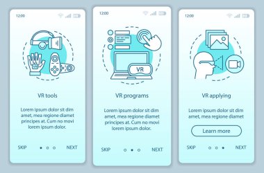 Sanal gerçeklik yazılım onboarding mobil uygulaması sayfa ekranı doğrusal kavramları ile. VR araçları, yumuşak, app, aygıtları walkthrough adım grafik yönergeleri. UX, UI, GUI vektör şablon resimler