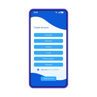 Hesap smartphone arabirimi vektör şablonu oluşturun. Mobil giriş sayfası mavi tasarım düzeni. Gerekli alanları imzala. Kayıt form ekranı. Düz UI uygulaması için. Yeni kullanıcı kaydı. Telefonun ekranına
