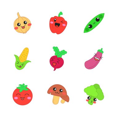Sebze şirin kawaii vektör karakter. Soğan, biber, gülümseyen ve yüzleri öpüşme ile pancar. Mısır, domates, brokoli. Komik emoji, ifade kümesi. Gıda gülüyor. Renk illüstrasyon izole karikatür