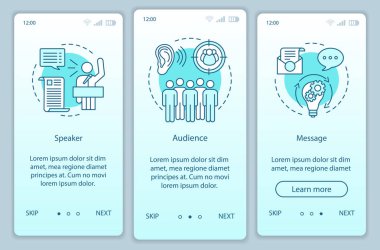 Retorik üçgen onboarding mobil uygulaması sayfa filtresi vektör şablonu. Liderlik becerileri. Hoparlör, seyirci, mesaj. İzlenecek yol Web sitesi adımları ile çizgi kutsal kişilerin resmi. UX, UI, GUI smartphone arabirimi